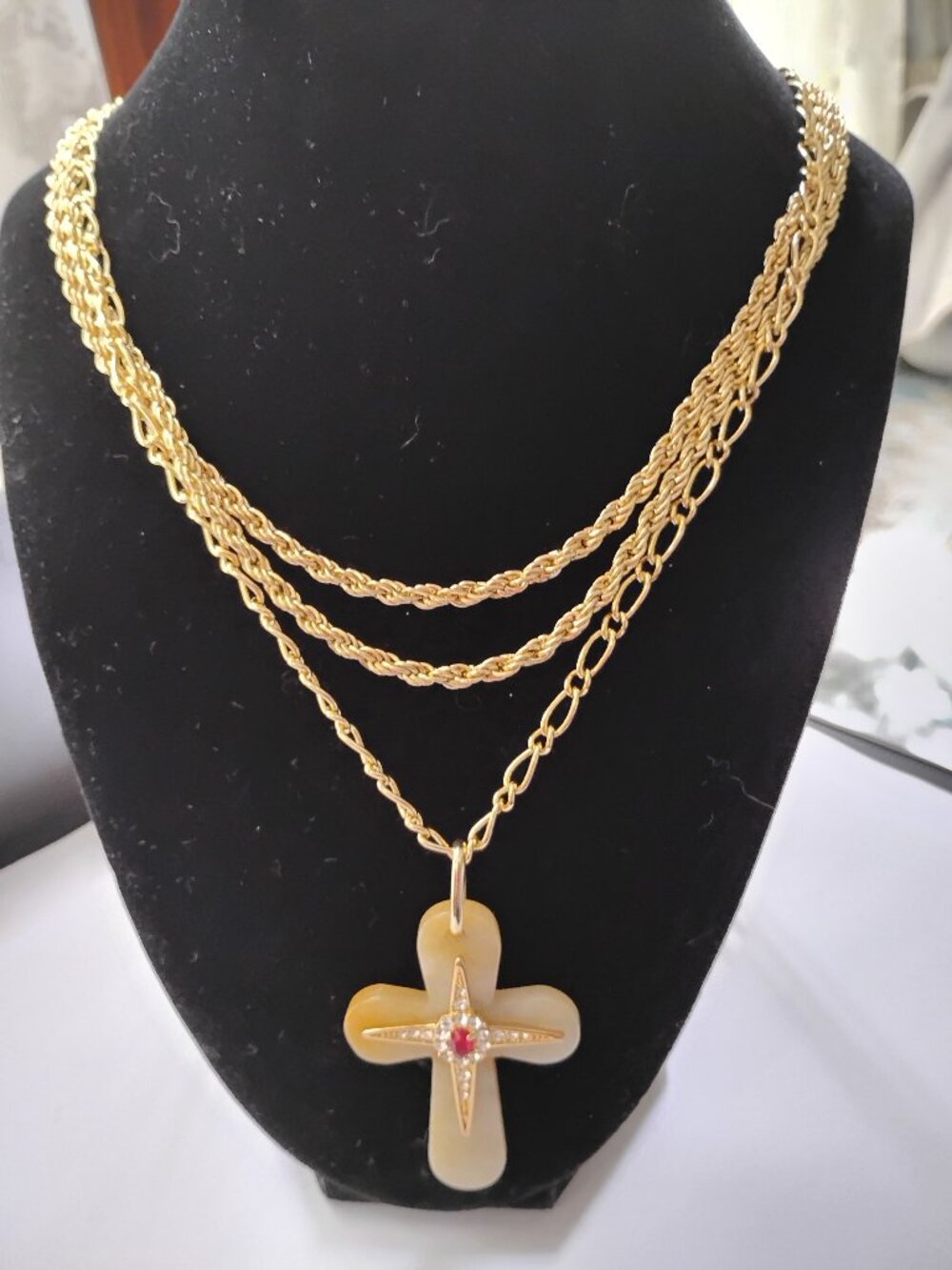 Cross Pendant Triple Strand Gold Plated Chain Camrose and Kross JBK